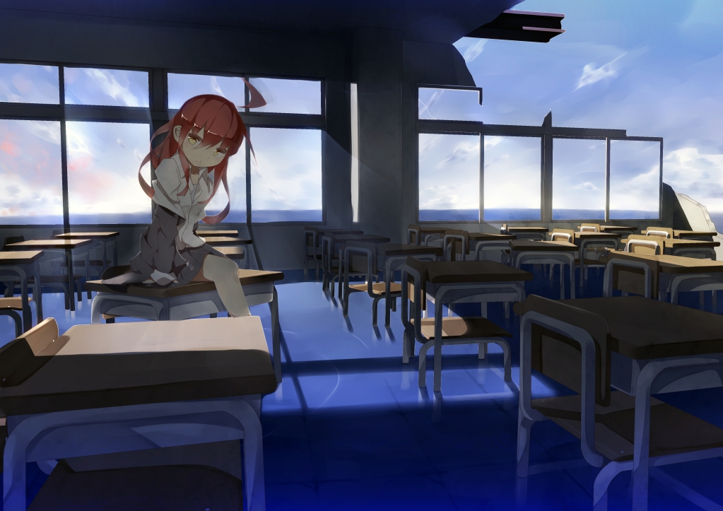 and_dokari, original, red_hair, school_uniform, water, yellow_eyes