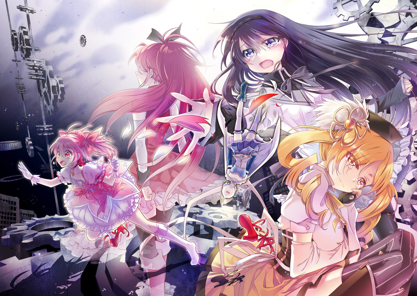 akemi_homura, cu-rim, dress, kaname_madoka, mahou_shoujo_madoka_magica, miki_sayaka, sakura_kyouko, tears