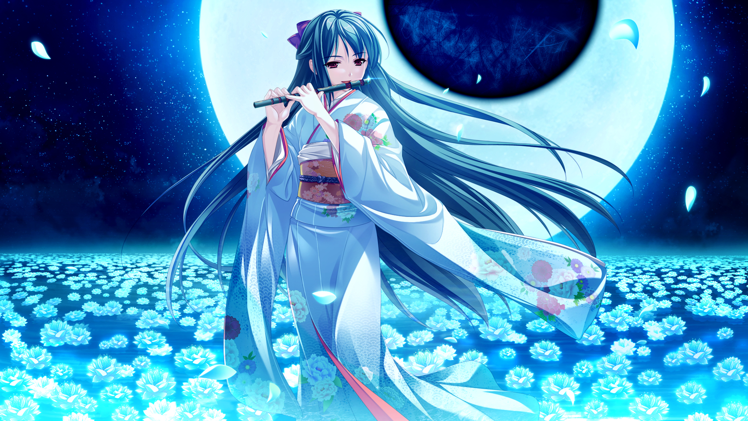 flowers, game_cg, instrument, japanese_clothes, long_hair, moon, night, petals, saeki_hokuto, skyfish, tagme_(character), tsukumo_no_kanade