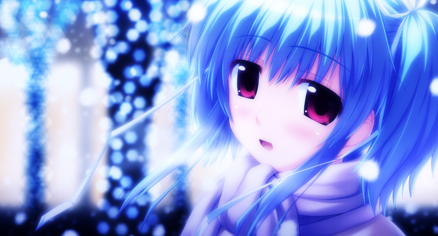 blue_hair, blush, mashiroiro_symphony, ogata, pink_eyes, scarf, short_hair, snow