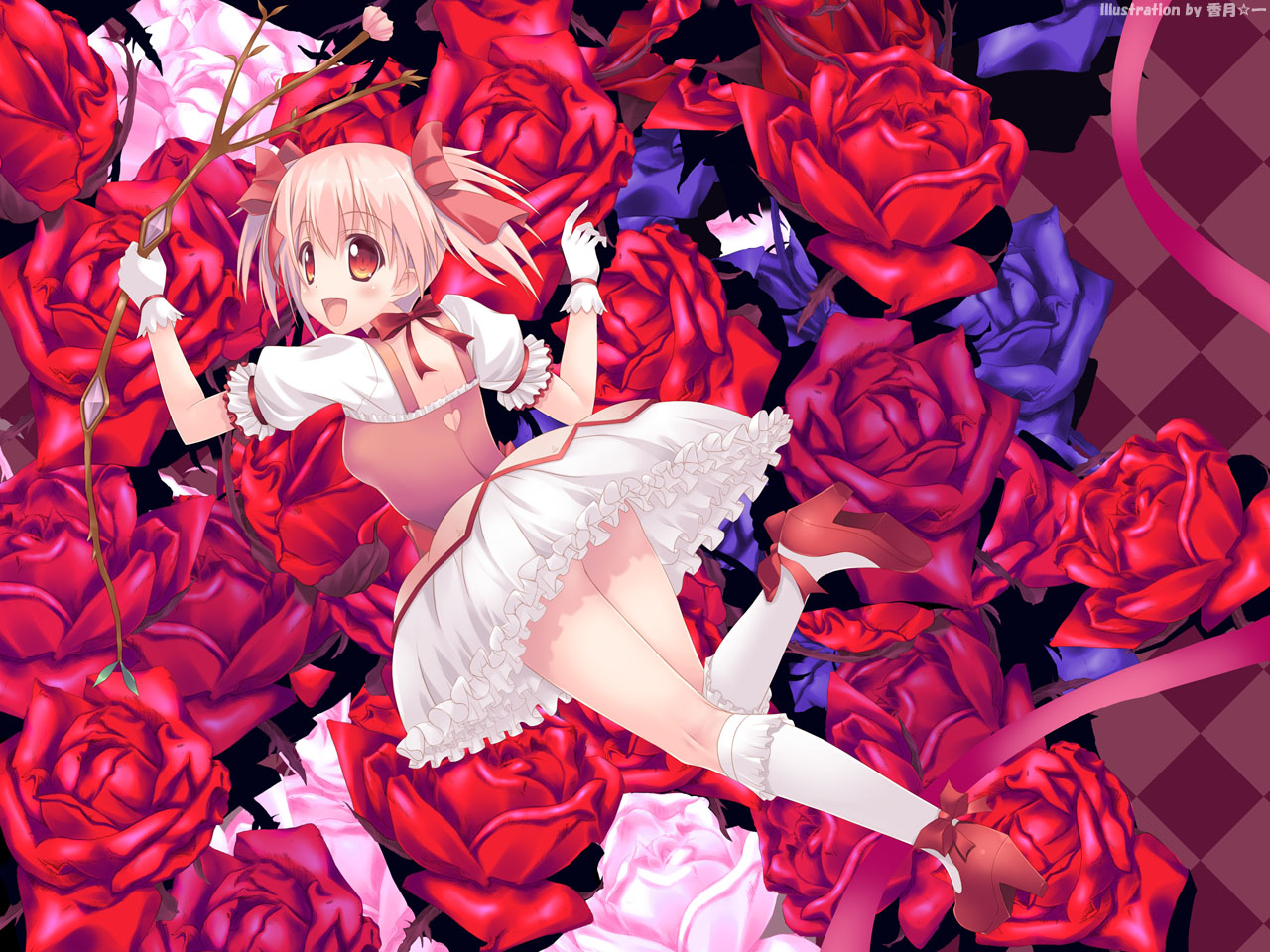 bow_(weapon), dress, flowers, jpeg_artifacts, kaname_madoka, kouzuki_hajime, mahou_shoujo_madoka_magica, pink_hair