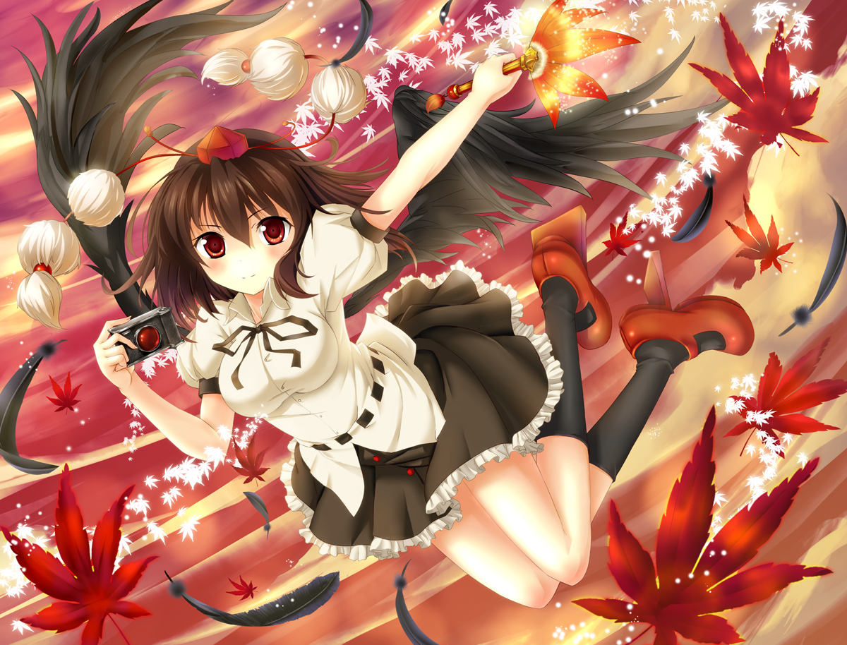 brown_hair, bug_(artist), camera, fan, feathers, hat, kneehighs, leaves
