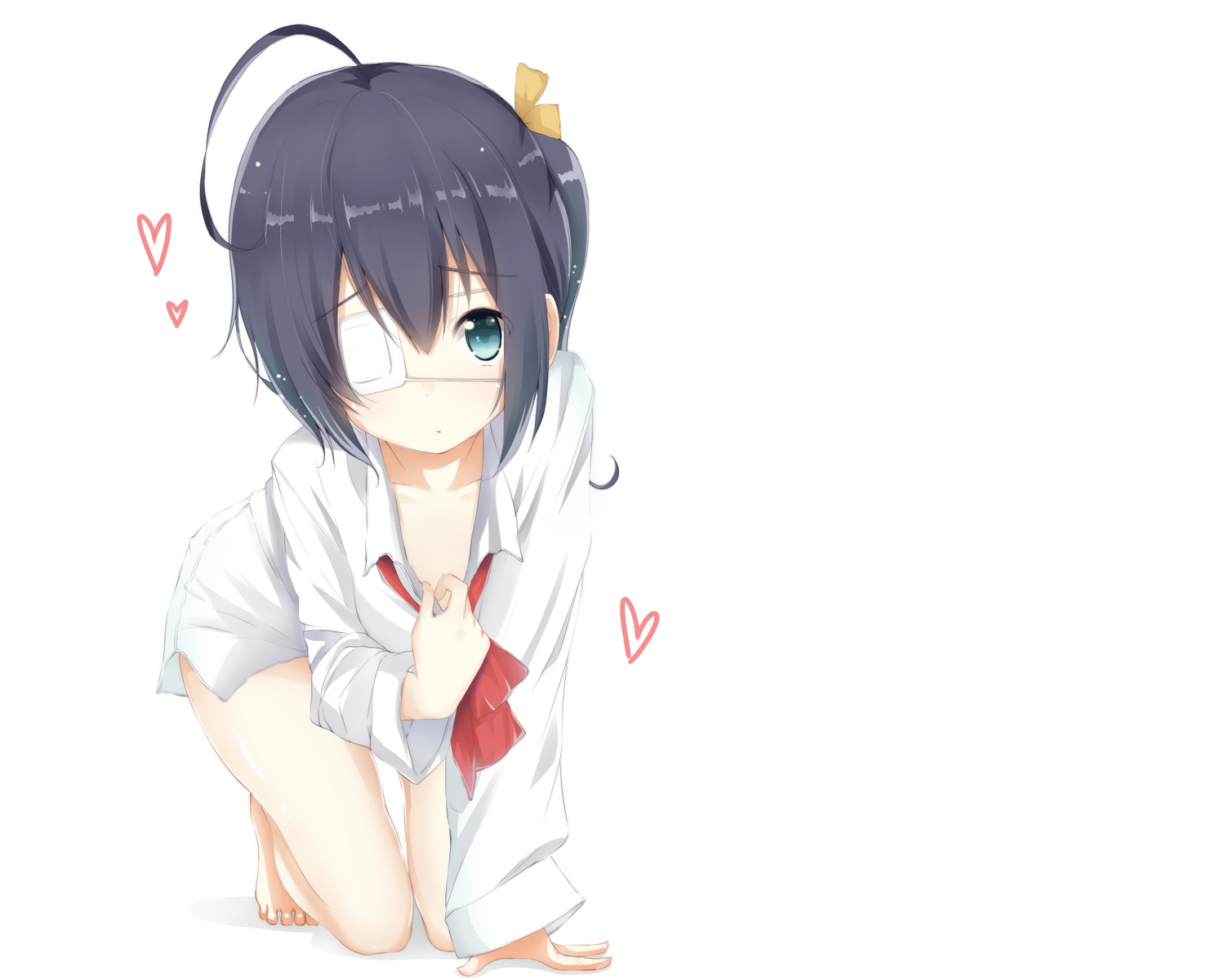 black_hair, chuunibyou_demo_koi_ga_shitai!, eyepatch, nasubi_kyou, shirt, takanashi_rikka, white