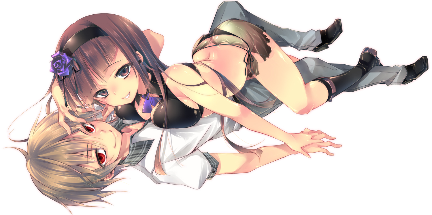 bikini, blonde_hair, breasts, brown_eyes, brown_hair, cleavage, ikagawa_tokage, kamishiki, male, red_eyes, see_through, sugamo_ryou, swimsuit, tokage_no_ou, white