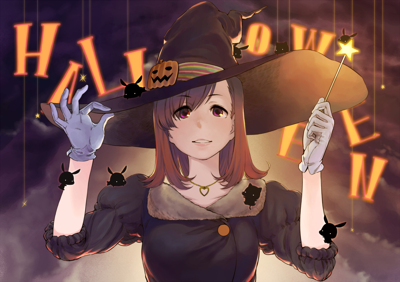 brown_hair, gloves, halloween, hat, necklace, original, uyama_hajime