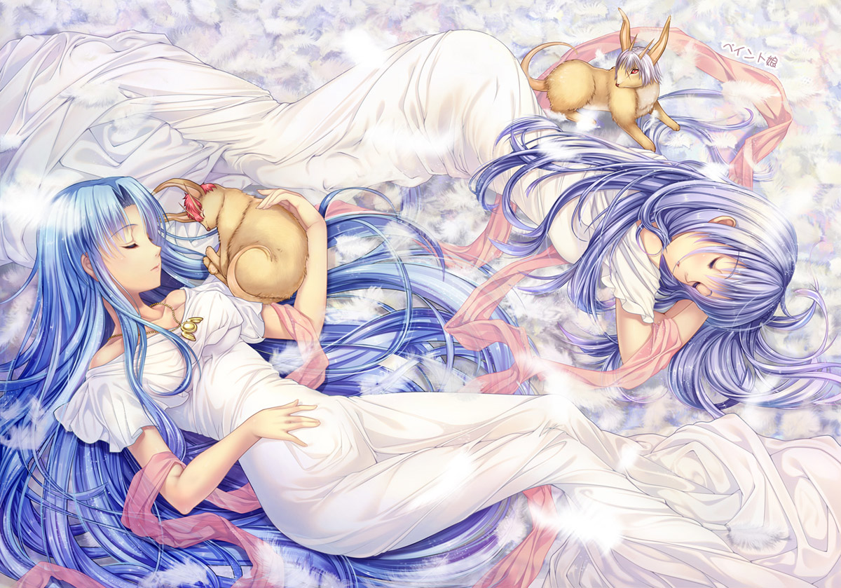 blue_hair, dress, feathers, long_hair, paintmusume, sleeping, tagme, ys
