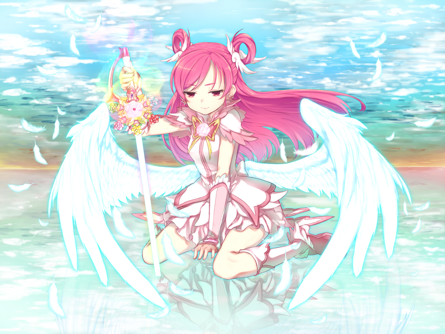 clouds, dress, feathers, minazuki_randoseru, pink_hair, precure, sword, weapon