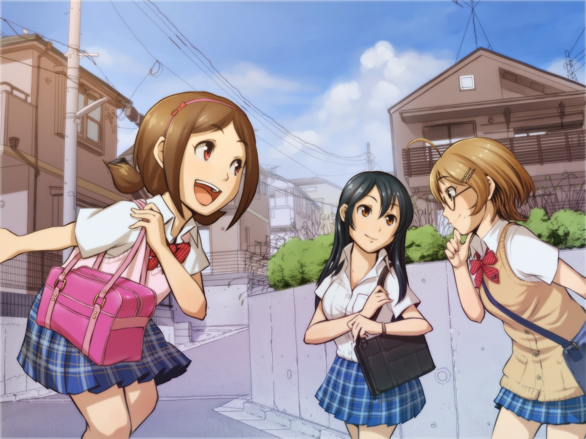 black_hair, blonde_hair, brown_eyes, brown_hair, building, clouds, glasses, headband, idolmaster, idolmaster_cinderella_girls, long_hair, muramatsu_sakura, ohishi_izumi, red_eyes, school_uniform, short_hair, tsuchiya_ako