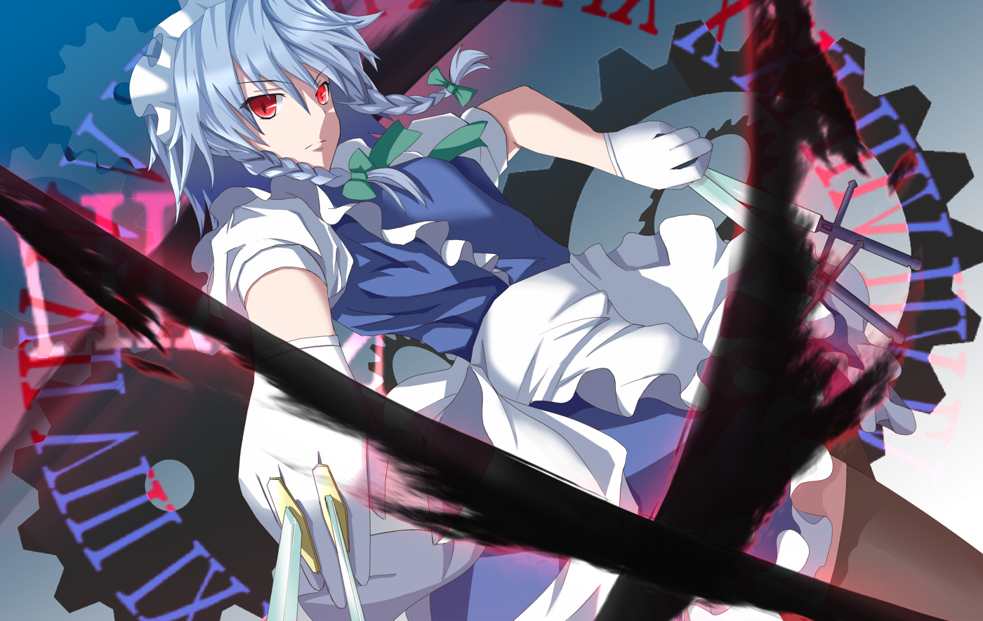 apron, blue_hair, bow, braids, gloves, headdress, izayoi_sakuya, knife, maid, red_eyes, short_hair, touhou, wakame_mi, weapon