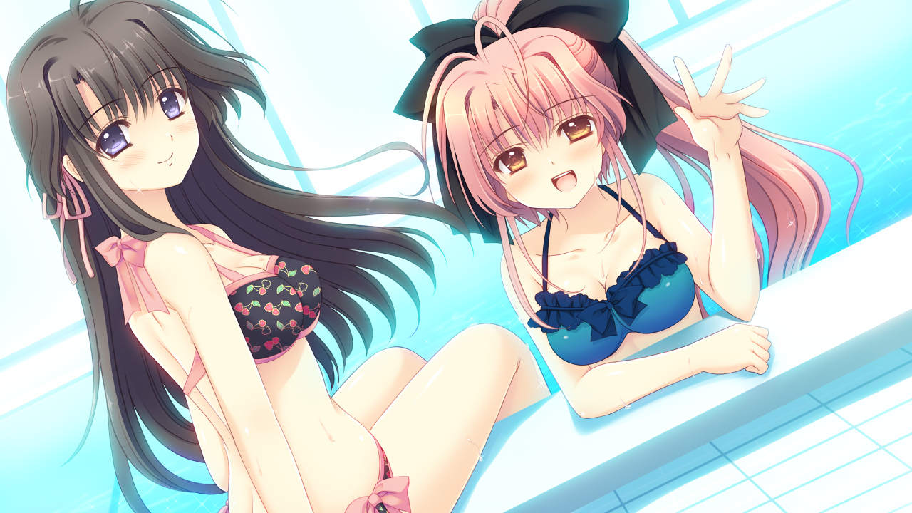 2girls, bikini, game_cg, hananomiya_mizuho, long_hair, navel_(company), nishimata_aoi, pool, swimsuit, tsuki_ni_yorisou_otome_no_sahou, wet, yanagase_minato