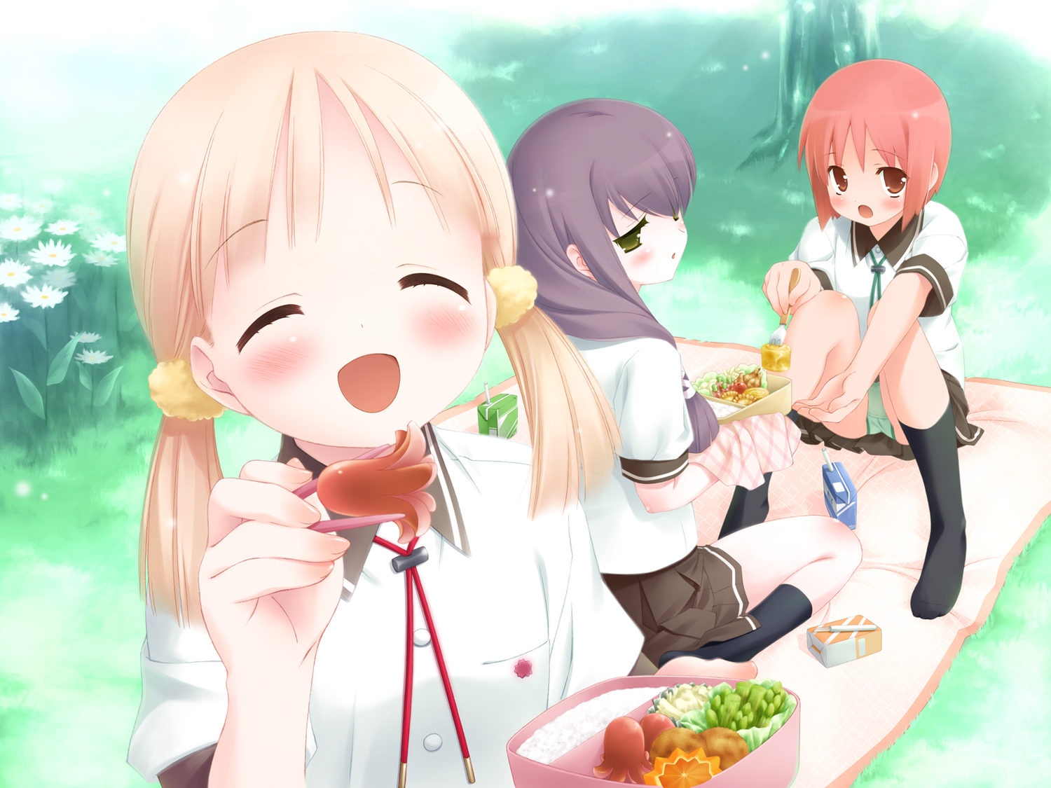akino_momiji, blush, cuffs_(studio), food, gayarou, kiriyama_sakura, panties, sakura_musubi