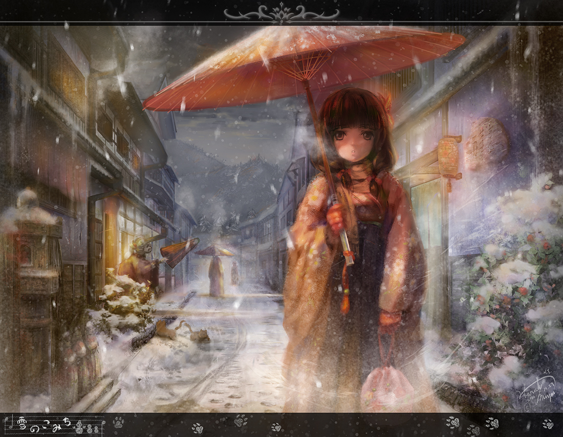 brown_hair, japanese_clothes, kimono, miyai_haruki, original, snow, umbrella, winter