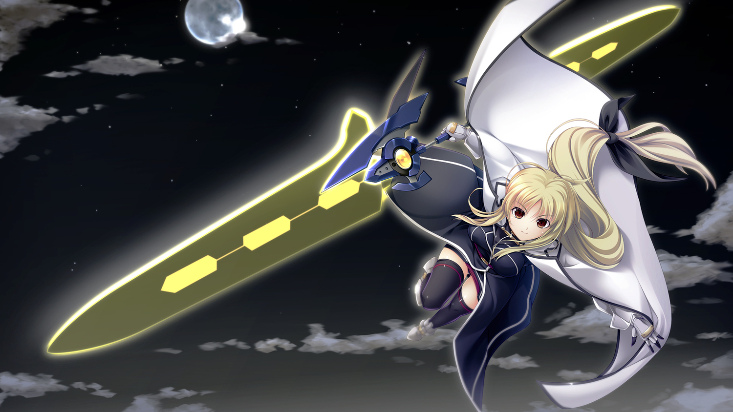 blonde_hair, bow, cape, fate_testarossa, mahou_senki_lyrical_nanoha_force, mahou_shoujo_lyrical_nanoha, moon, night