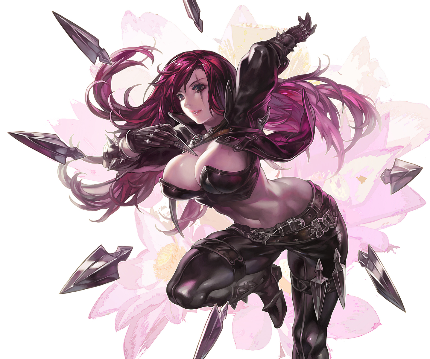 aoin_(omegaboost), breasts, cleavage, flowers, katarina, league_of_legends, navel, red_hair, scar, weapon