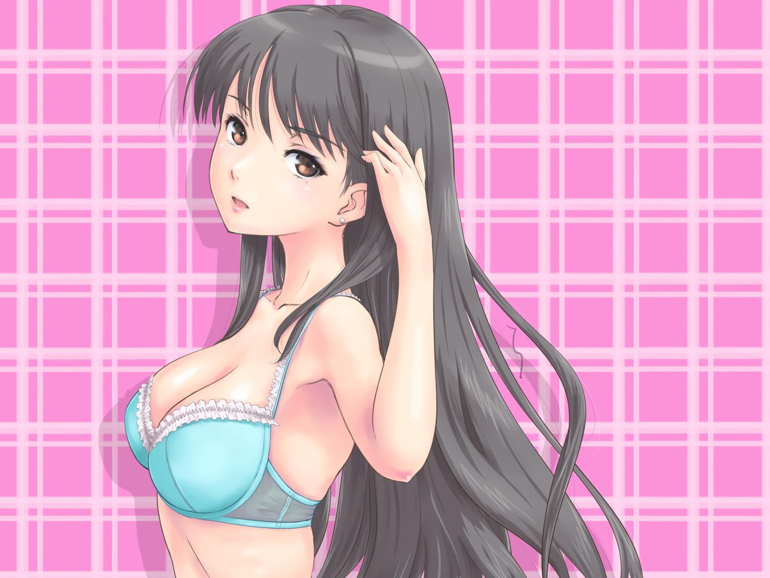 black_hair, bra, breasts, cleavage, long_hair, original, rasukaru, underwear