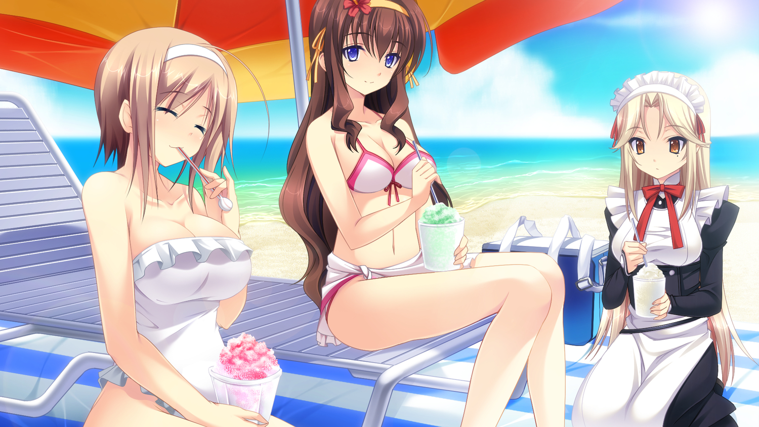 anata_no_koto_o_suki_to_iwasete, beach, bikini, blonde_hair, breasts, brown_hair, cleavage, food, fujikura_yukino, game_cg, ice_cream, konoha_nao, maid, navel, onose_shizuka, praline, swimsuit, tagme_(artist)
