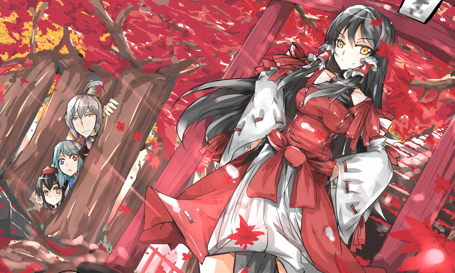 aosora_kamiya, autumn, hakurei_reimu, japanese_clothes, leaves, male, miko, morichika_rinnosuke