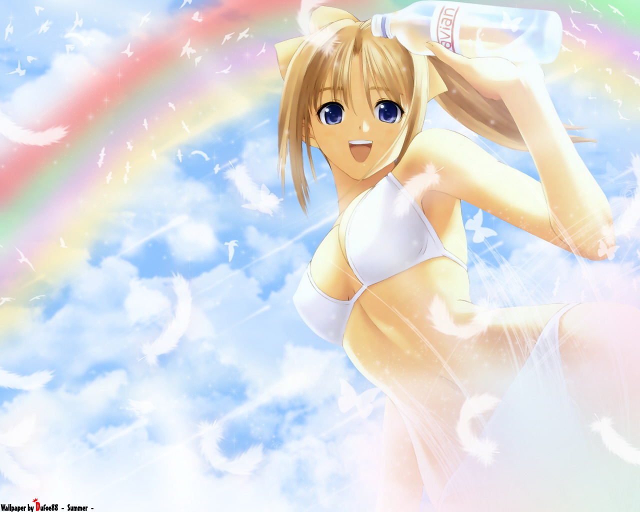 after, bikini, blonde_hair, blue_eyes, clouds, drink, ponytail, rainbow