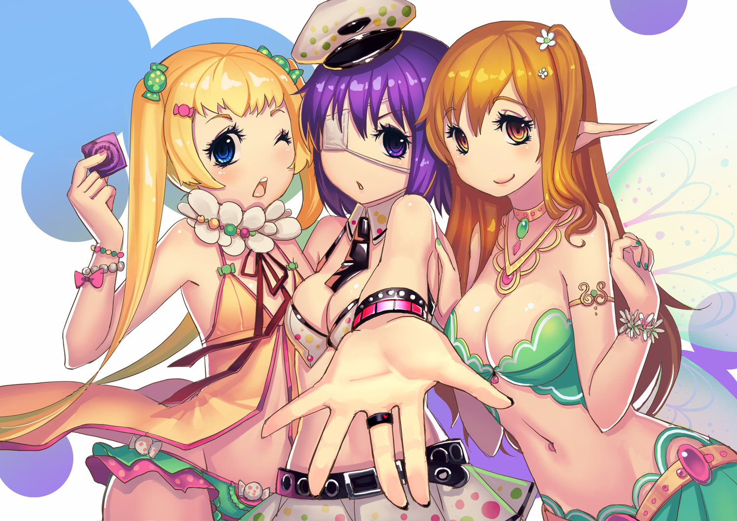 blonde_hair, breasts, chuunibyou_demo_koi_ga_shitai!, cleavage, condom, dekomori_sanae, eyepatch, fiodo, navel, nibutani_shinka, purple_hair, tagme, takanashi_rikka, twintails, wink