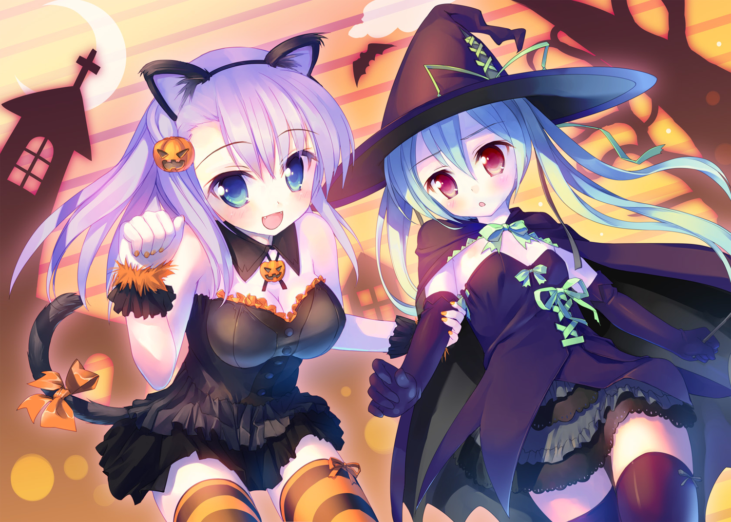 aete_mushisuru_kimi_to_no_mirai_~relay_broadcast~, alcot, animal, bat, dress, halloween, hat, manabe_kei, moon, purple_hair, sawatari_nanagi, tail, takoyaki_(roast), thighhighs