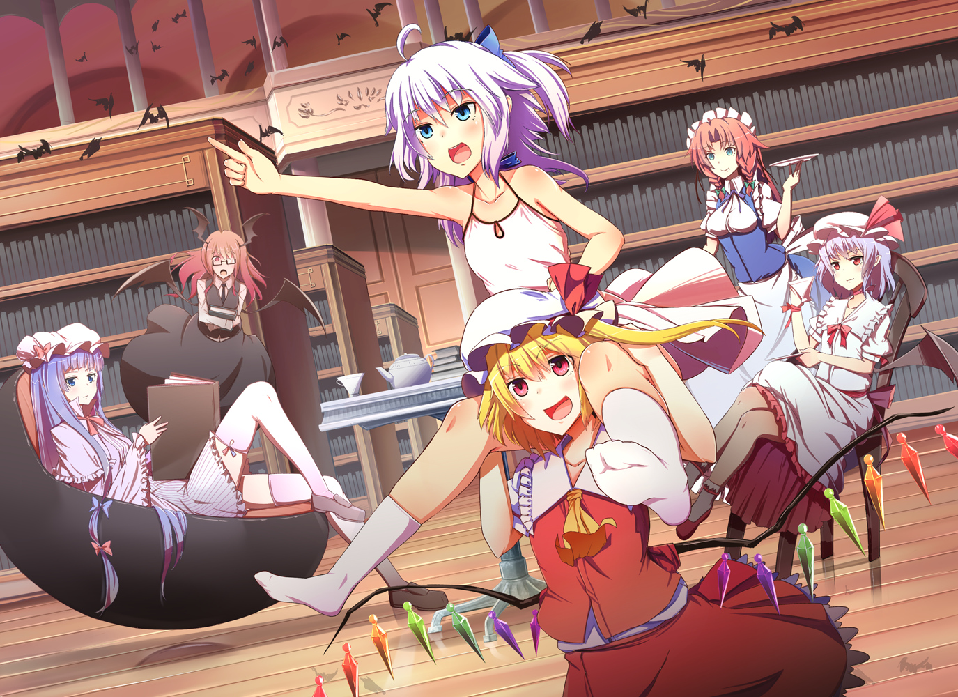 animal, bat, demon, dress, flandre_scarlet, hat, hong_meiling, izayoi_sakuya, koakuma, liking, maid, patchouli_knowledge, remilia_scarlet, socks, stockings, touhou, vampire, wings