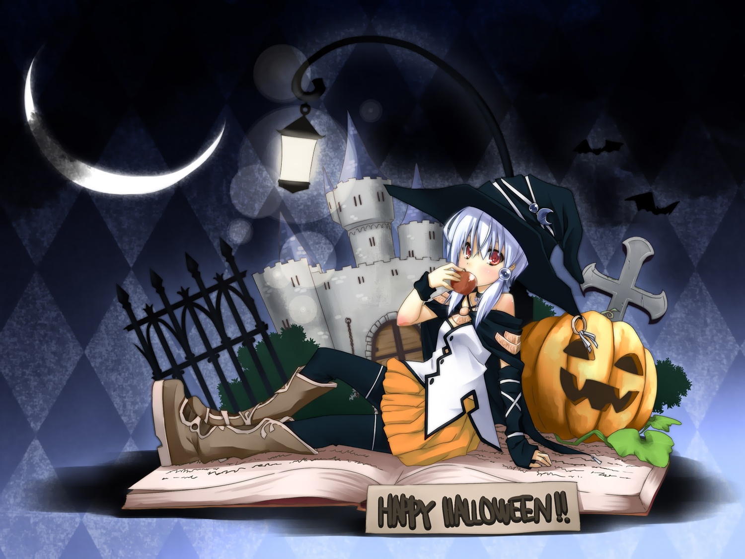apple, food, fruit, halloween, hat, jpeg_artifacts, original, witch