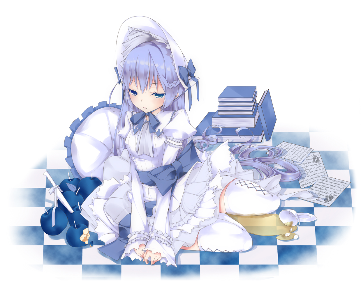 apple, blue_eyes, blue_hair, book, dress, drink, food, fruit, hat, lolita_fashion, long_hair, natsuki_yuu, original, thighhighs, white