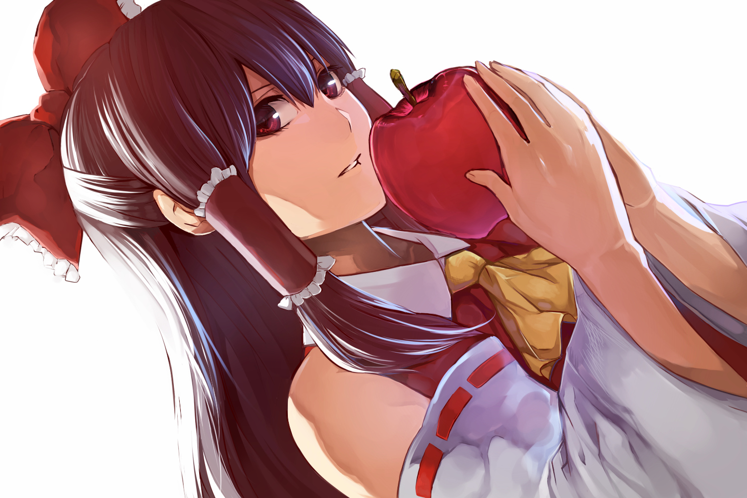 apple, bow, food, fruit, hakurei_reimu, japanese_clothes, kessakudaze, miko, red_eyes, touhou, white