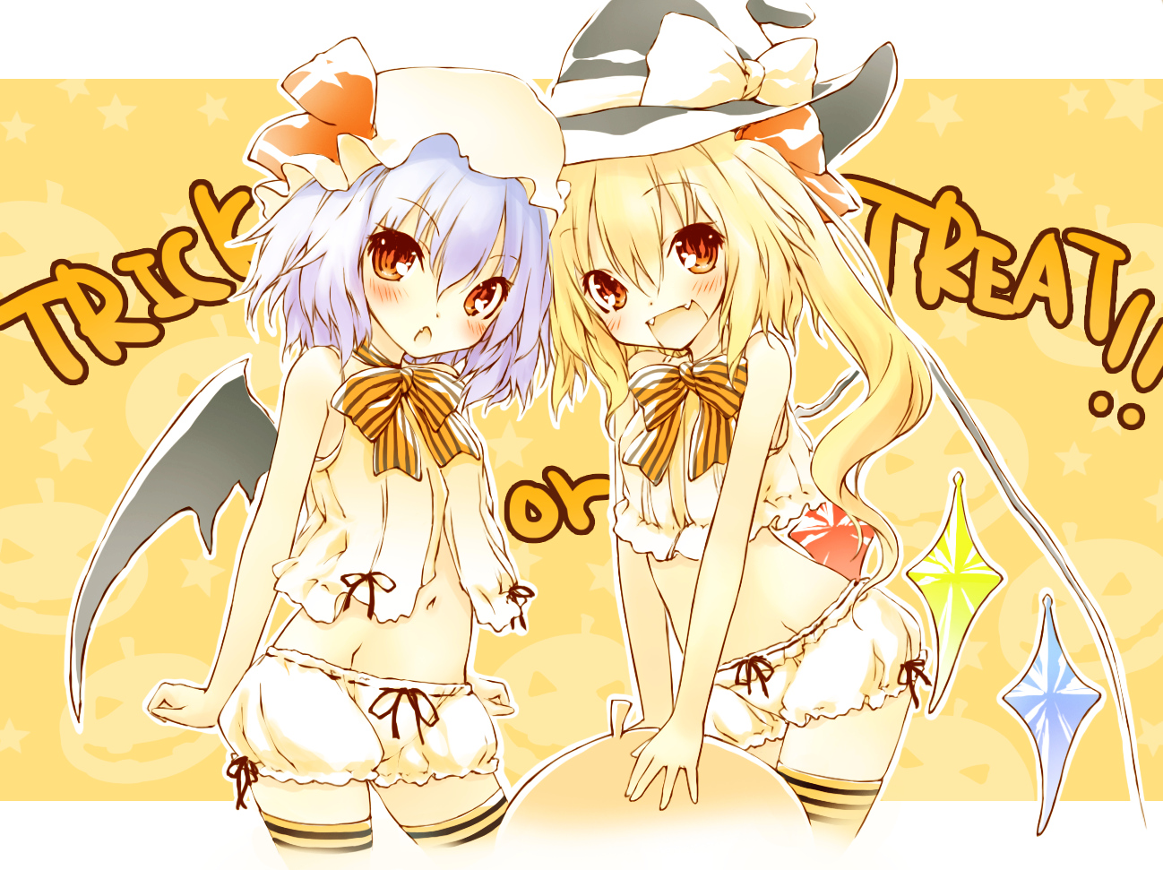 2girls, bloomers, bow, flandre_scarlet, halloween, hat, loli, remilia_scarlet