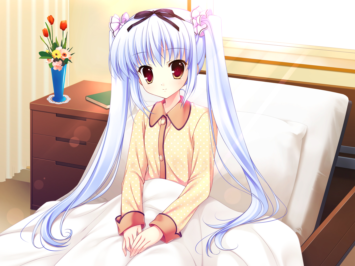 bed, book, brown_eyes, flowers, game_cg, kusunoki_kukune, long_hair, mitha