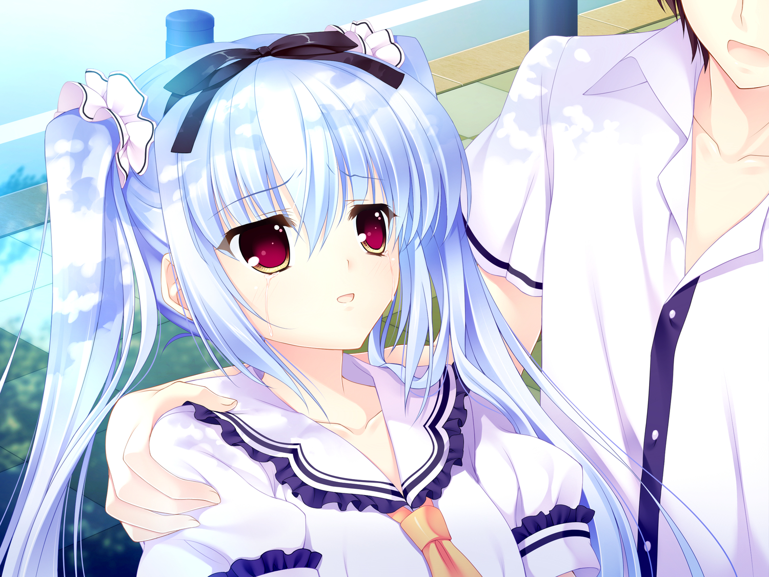 amagami_akito, brown_eyes, crying, game_cg, kusunoki_kukune, long_hair, mitha, nanawind
