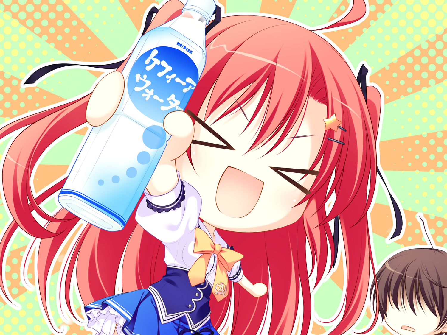 amagami_akito, chibi, drink, game_cg, long_hair, nanawind, red_hair, school_uniform, takasaki_honoka, yuyukana