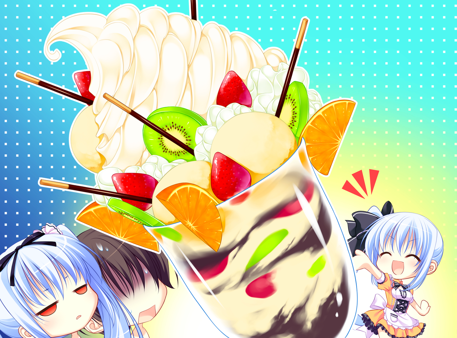 amagami_akito, brown_hair, chibi, dress, food, fruit, game_cg, ice_cream, kusunoki_hibiki, kusunoki_kukune, long_hair, mitha, nanawind, pocky, red_eyes, short_hair, strawberry, waitress, white_hair, yuyukana