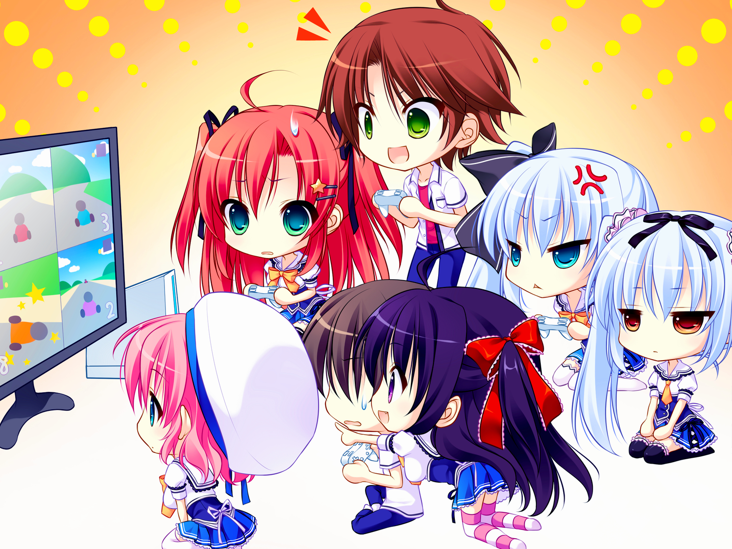 amagami_akito, blue_eyes, bow, brown_hair, chibi, game_cg, group, hat