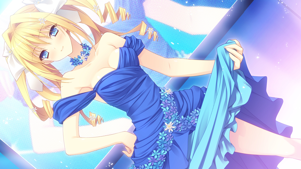 blonde_hair, blue_eyes, breasts, cleavage, dress, game_cg, long_hair, navel_(company), necklace, skirt, skirt_lift, suzuhira_hiro, tsuki_ni_yorisou_otome_no_sahou, twintails, ursule_fleur_jeanmaire