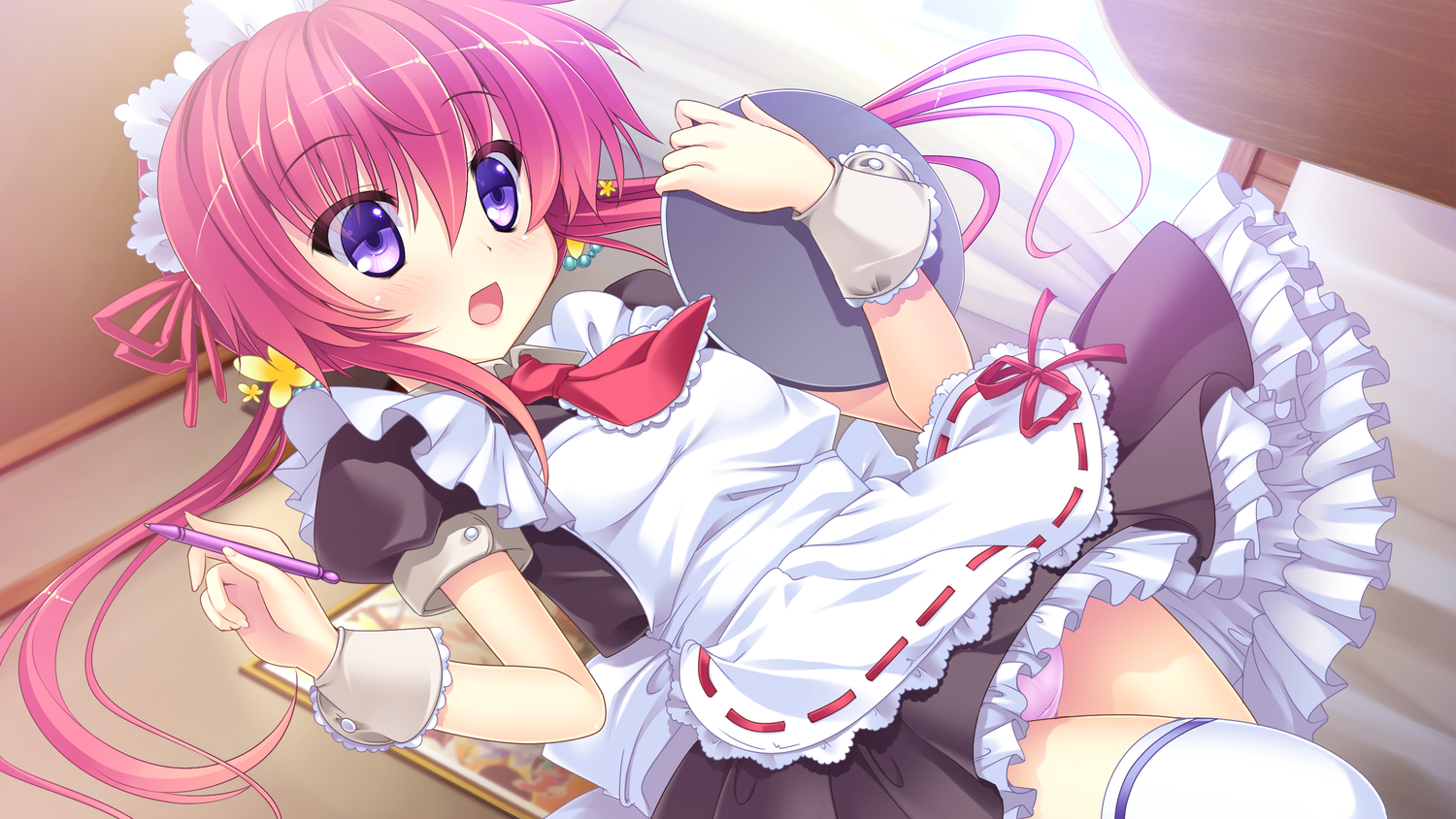 game_cg, hinata_momo, otama!_otaku_nakama_wa_chikkoi_mania, otemachi_momiji, panties, purple_eyes, red_hair, skirt, thighhighs, underwear, unisonshift, upskirt, waitress