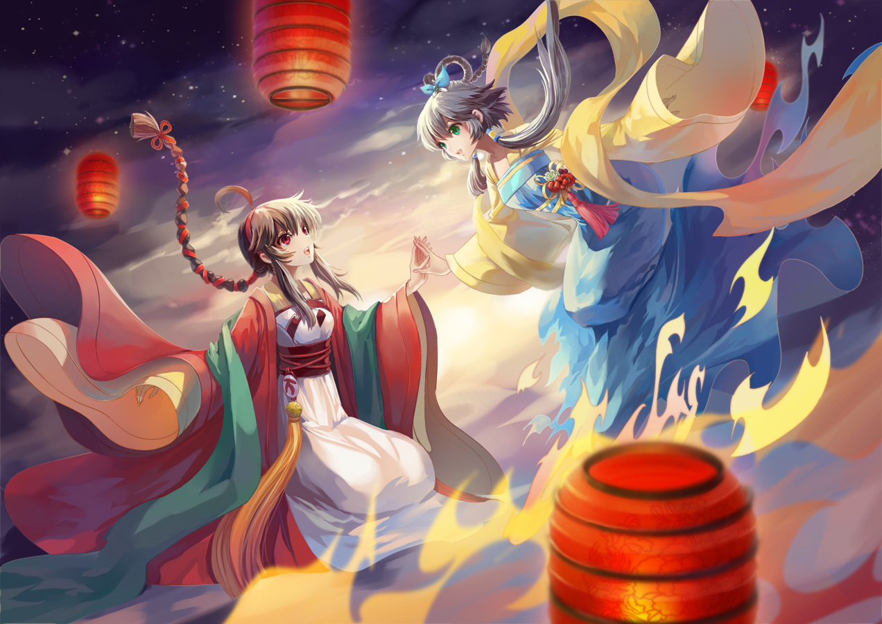2girls, braids, chinese_clothes, clouds, dress, gray_hair, green_eyes, headband, luo_tianyi, ponytail, qian_qiu, red_eyes, stars, twintails, vocaloid, vsinger, yuezheng_ling