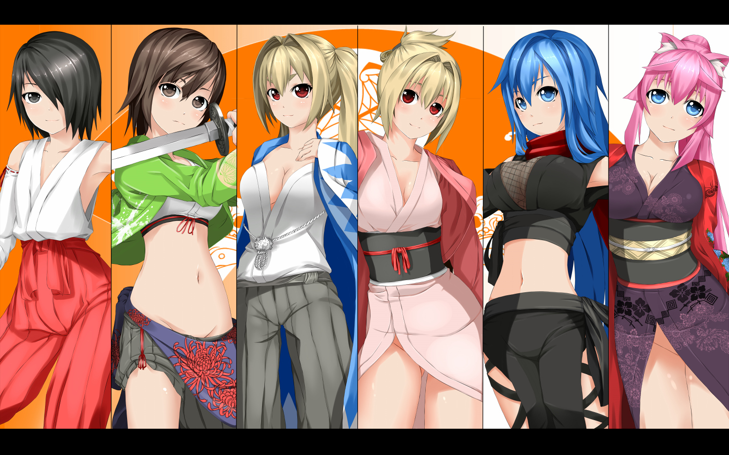 animal_ears, ayase_tamaki, black_eyes, black_hair, blonde_hair, blue_eyes, blue_hair, breasts, brown_eyes, brown_hair, cleavage, japanese_clothes, long_hair, navel, original, pink_hair, red_eyes, short_hair, sword, weapon