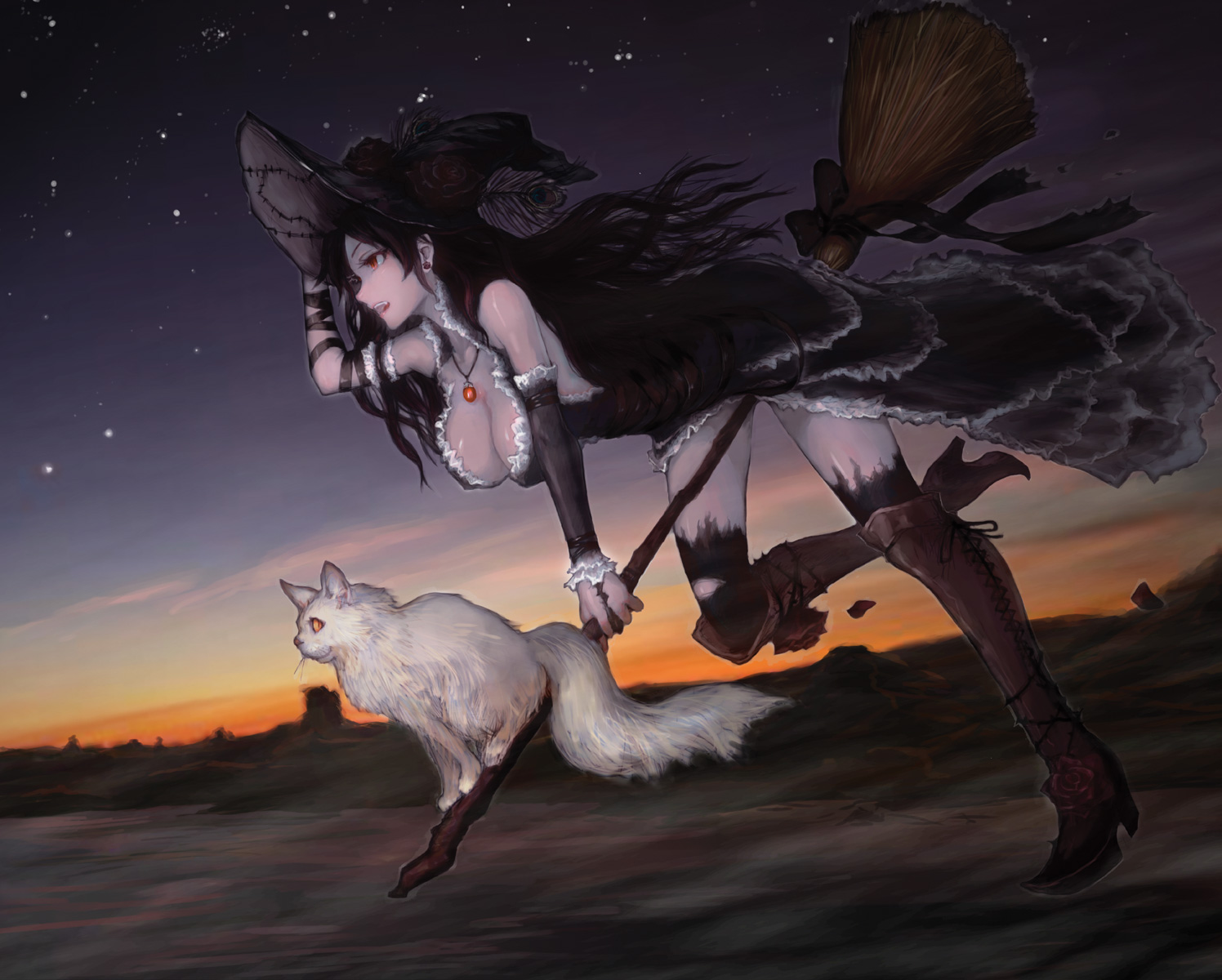 animal, black_hair, breasts, cat, cleavage, jpeg_artifacts, long_hair, original, sasagawa_(haikaiki), thighhighs, witch