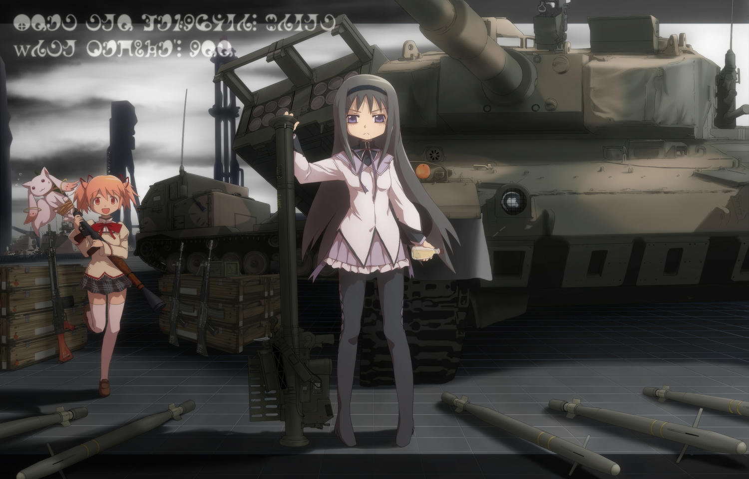 akemi_homura, combat_vehicle, daizu_sanchi, gun, kaname_madoka, kyuubee, mahou_shoujo_madoka_magica, weapon
