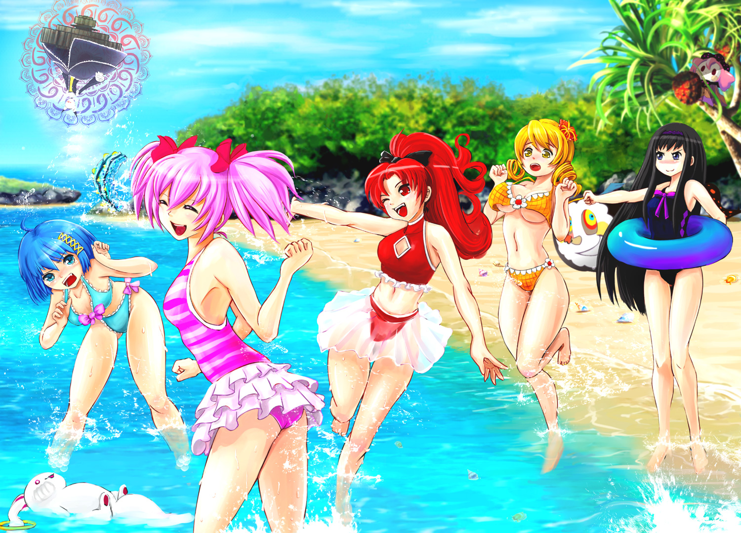 akemi_homura, bikini, charlotte_(mahou_shoujo_madoka_magica), kaname_madoka, kyuubee, mahou_shoujo_madoka_magica, miki_sayaka, sakura_kyouko, swimsuit, tomoe_mami, walpurgis_no_yoru, yamako777