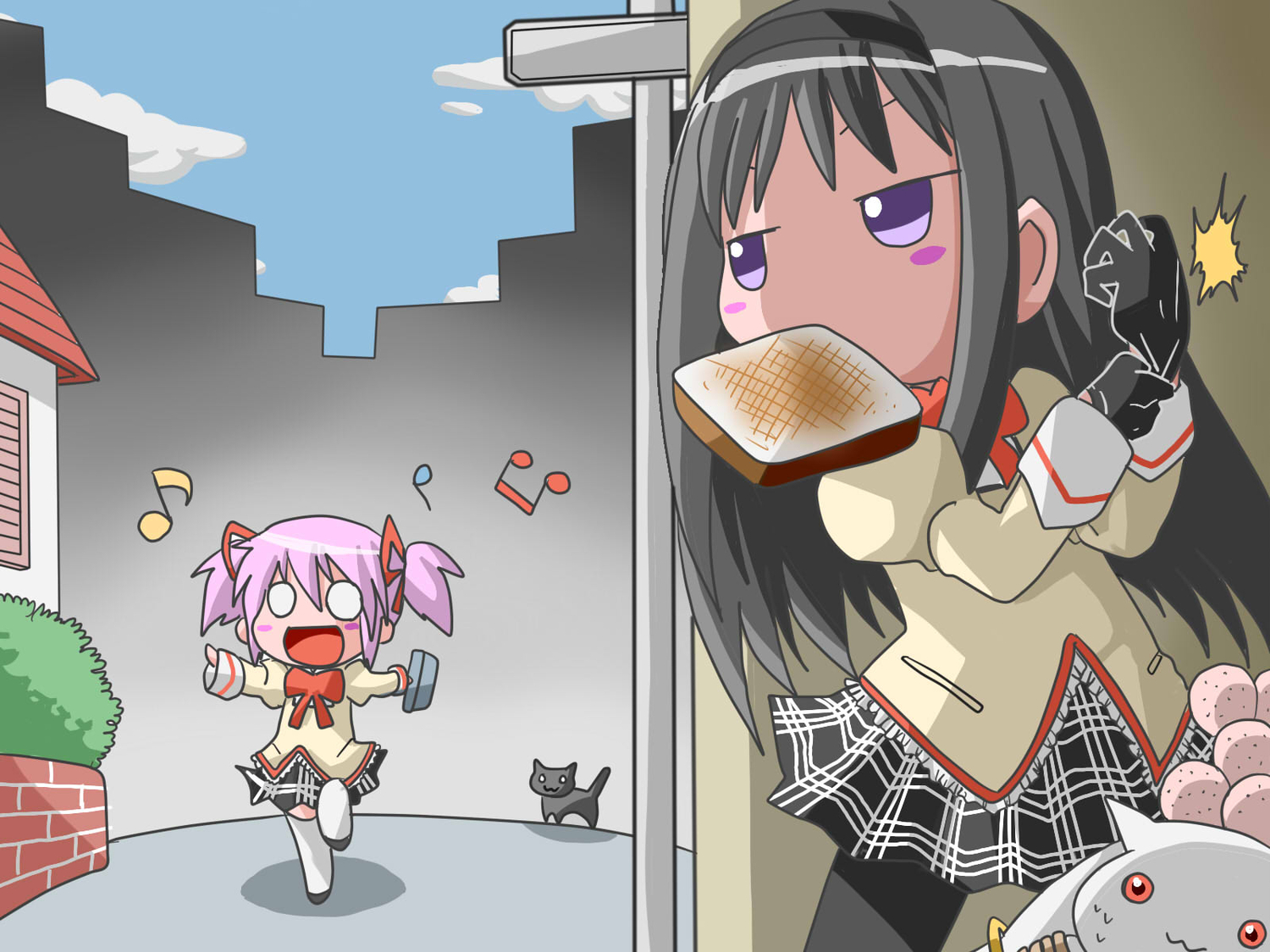 2girls, akemi_homura, animal, black_hair, cat, chibi, food, gloves, headband, hohetomaru, jpeg_artifacts, kaname_madoka, kyuubee, long_hair, mahou_shoujo_madoka_magica, pink_hair, purple_eyes, school_uniform, twintails
