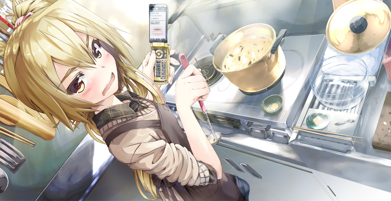 akita_neru, apron, blonde_hair, blush, brown_eyes, daidou_(demitasse), food, long_hair