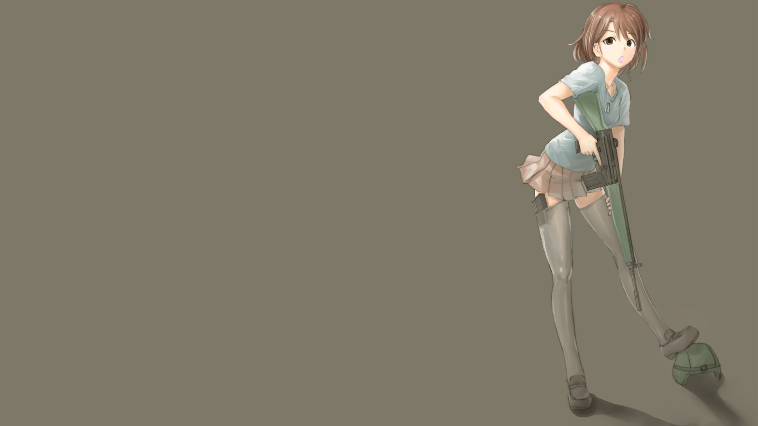 brown_eyes, brown_hair, gun, seto_yuuki_(splinter_123), short_hair, skirt, thighhighs, weapon