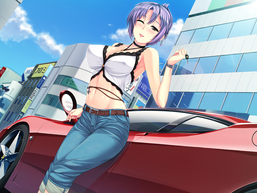 car, chu_shite_agechau, game_cg, purple_hair, short_hair, tachibana_kimika, uni8, wink