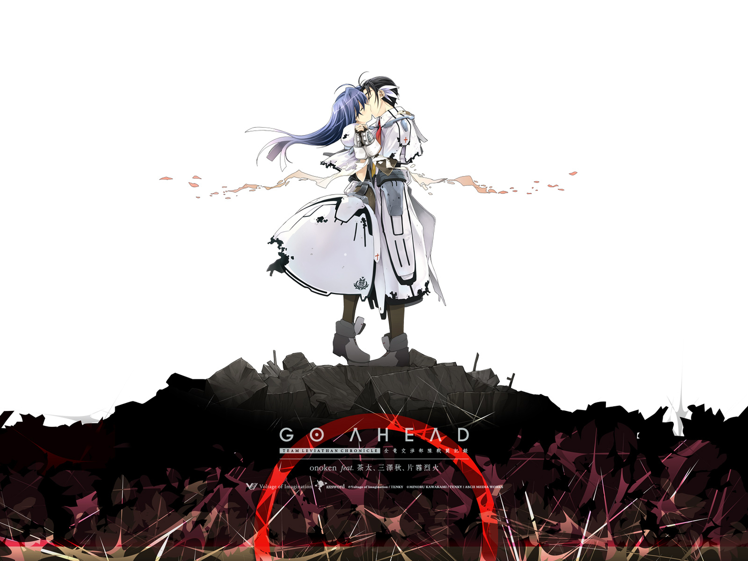 black_hair, blue_hair, kiss, logo, long_hair, owari_no_chronicle, sayama_mikoto, shinjou_sadagiri, short_hair, torn_clothes, watermark