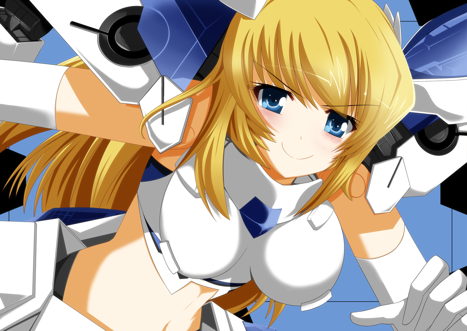 altrene, blonde_hair, blue_eyes, busou_shinki, eiyuu, elbow_gloves, gloves, long_hair, mechagirl