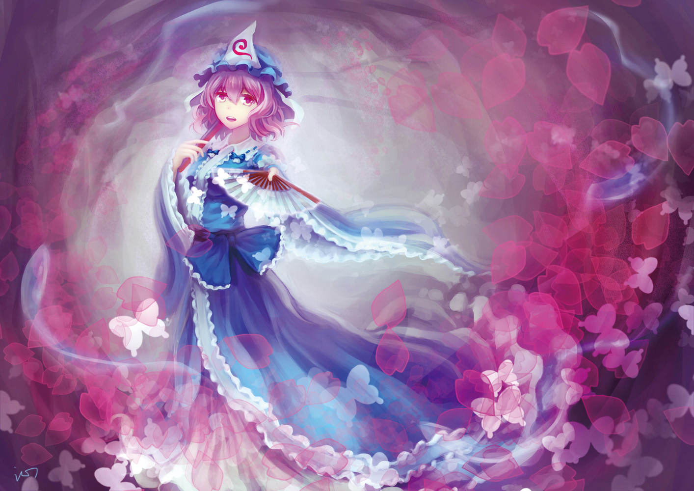 butterfly, dress, flowers, hat, petals, pink_eyes, pink_hair, qin, saigyouji_yuyuko, short_hair, signed, touhou