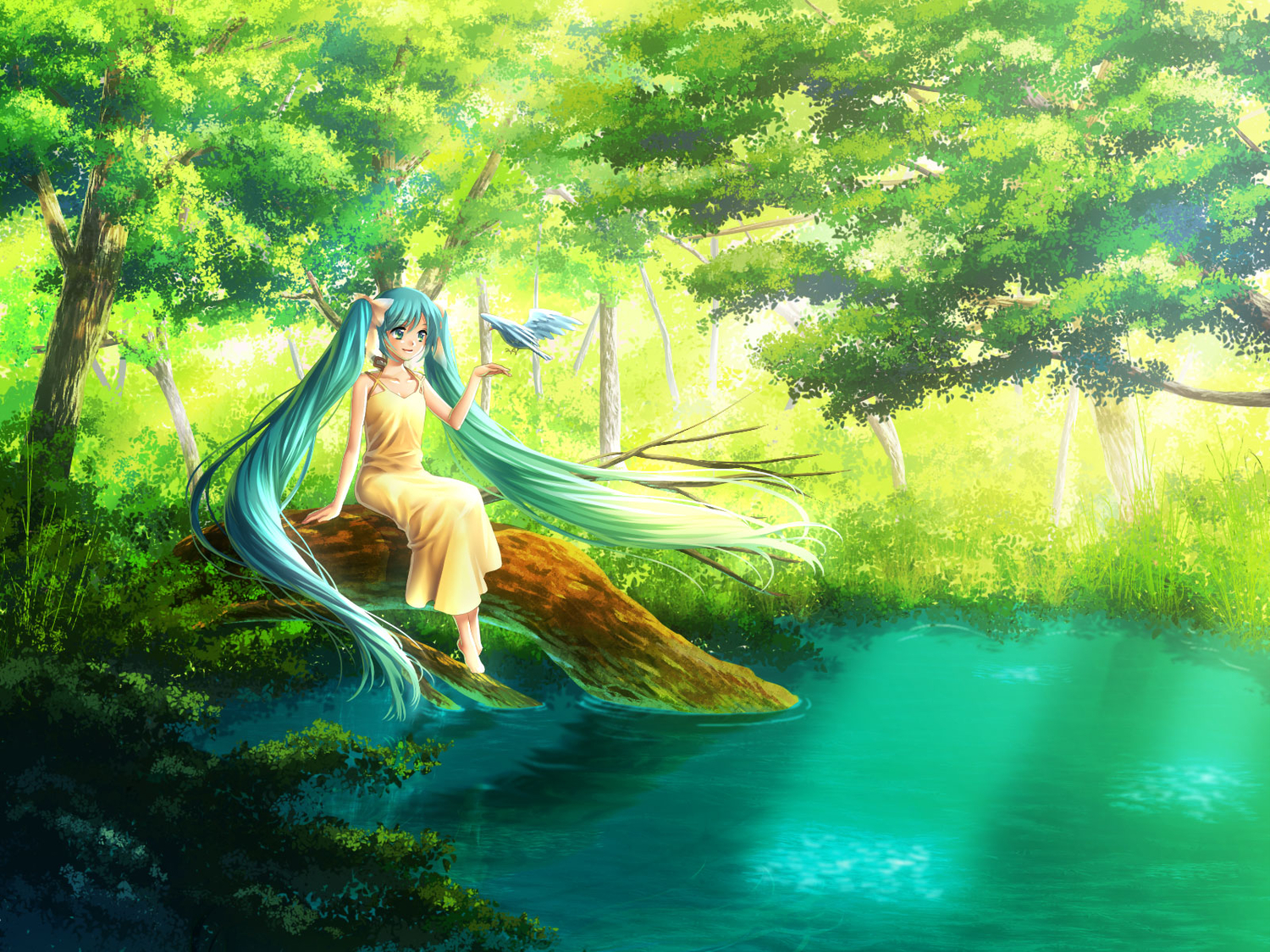 animal, aqua_eyes, aqua_hair, bird, dress, hatsune_miku, jpeg_artifacts, long_hair, summer_dress, vocaloid, water, yuzuki_kaoru