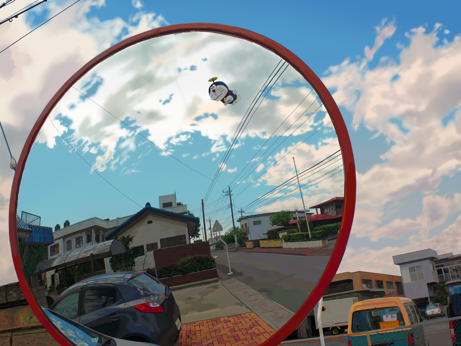 building, car, city, clouds, doraemon, doraemon_(character), mirror, realistic, reflection, ryoun, sky